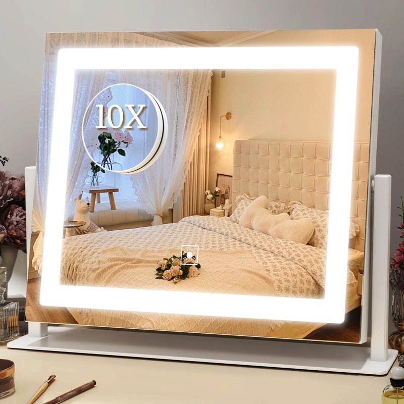 ROLOVE 16x12 Inch Vanity Mirror with Lights Lighted Makeup Mirror with 10X Magnification Smart Touch 3 Colors Dimmable Dresser Mount Bathroom White